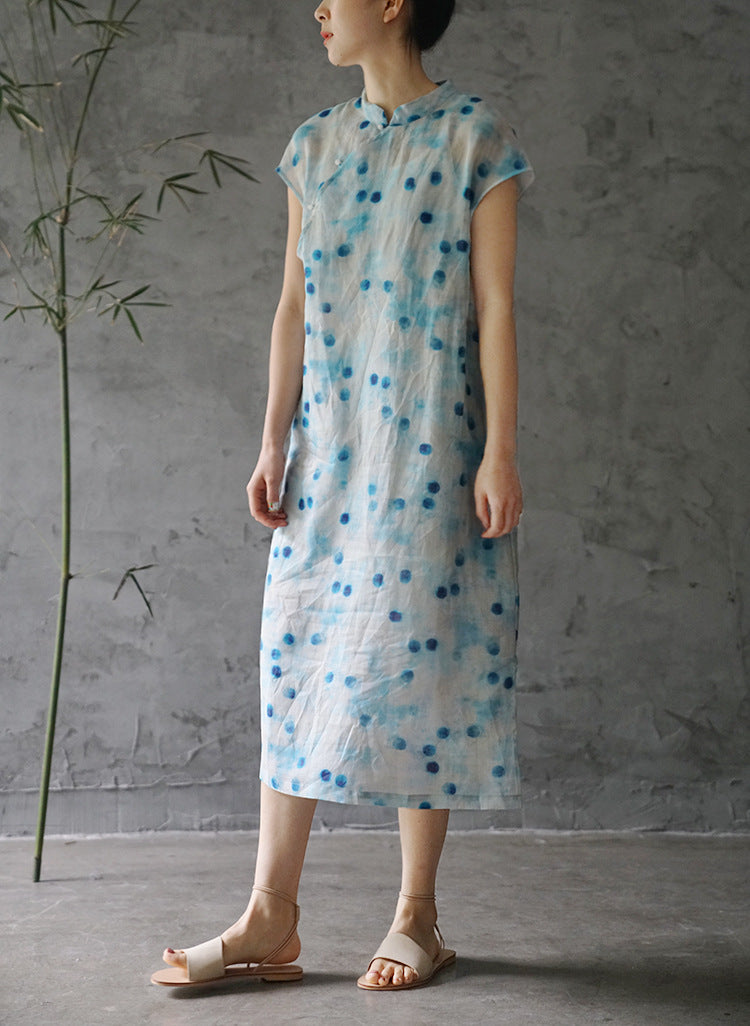 Blue Dot Print Cheongsam Dress