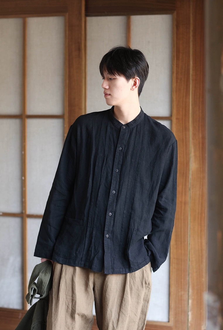 Washed Linen Long Sleeve Button Top in Black