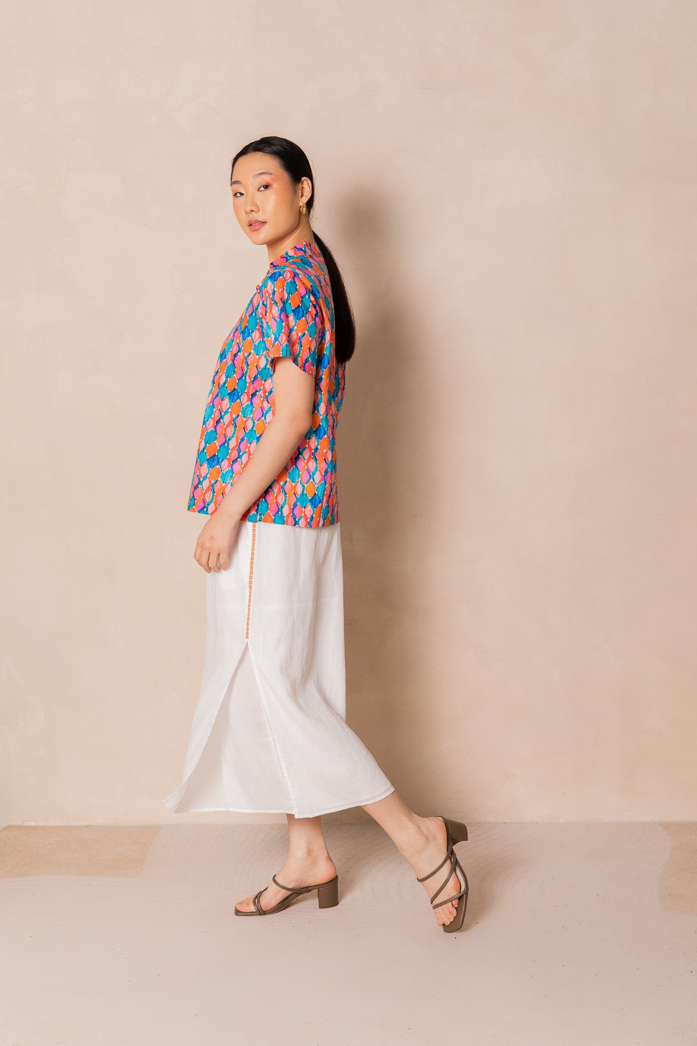 Water Colour Geometric Print Short Sleeve Cheongsam Top, available on You Living