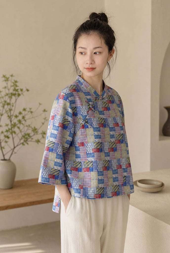 Blue Patchwork Print Cheongsam Samfoo Top