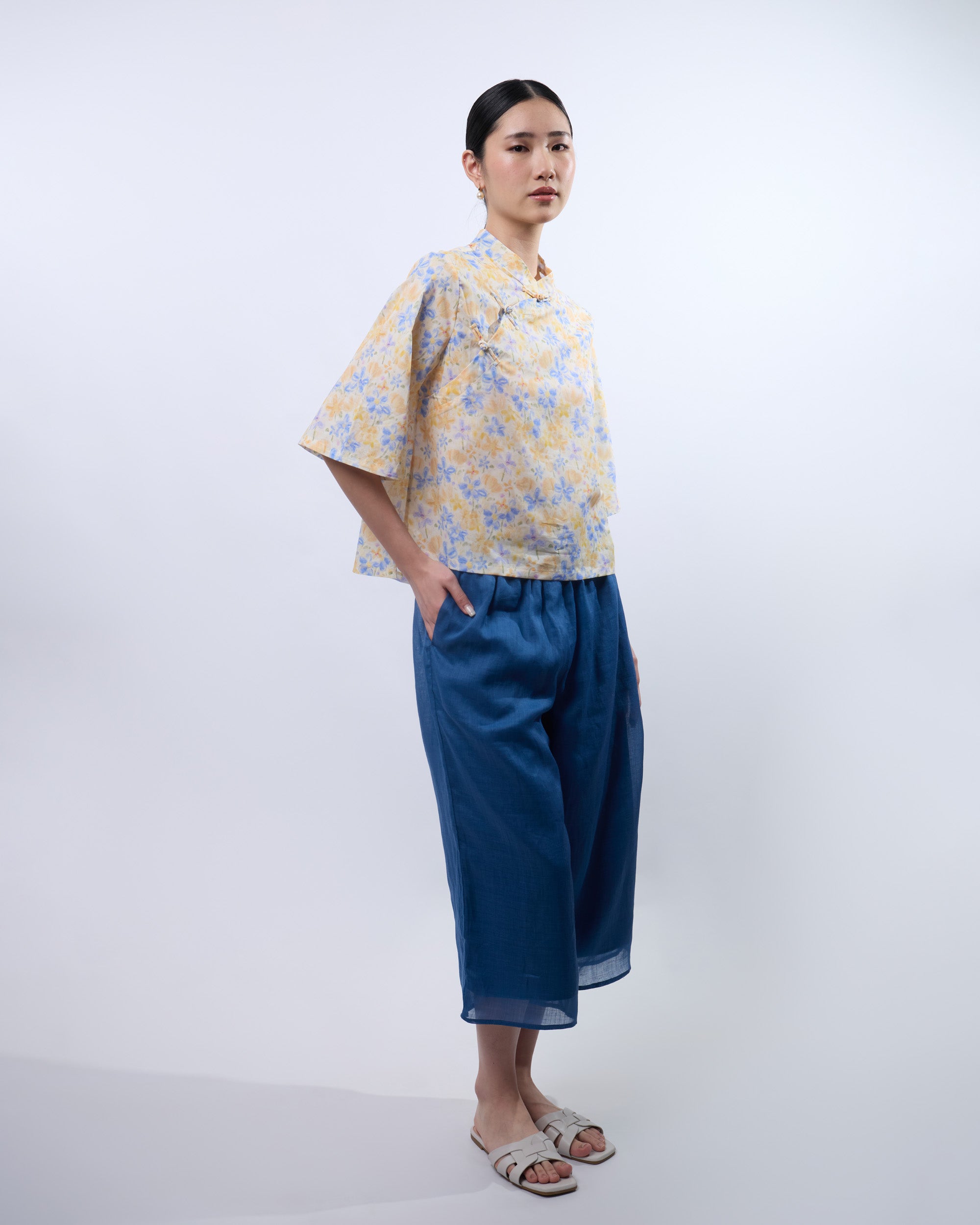 Blue and Yellow Floral Samfoo Cheongsam Qipao Top