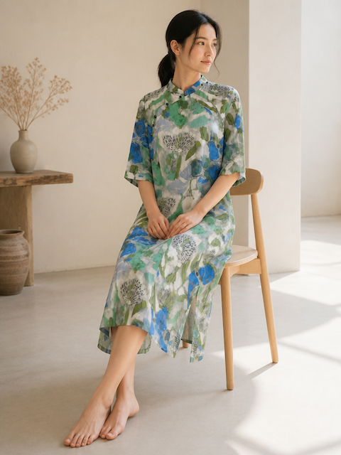 Blue and Green Floral Print Cheongsam Dress