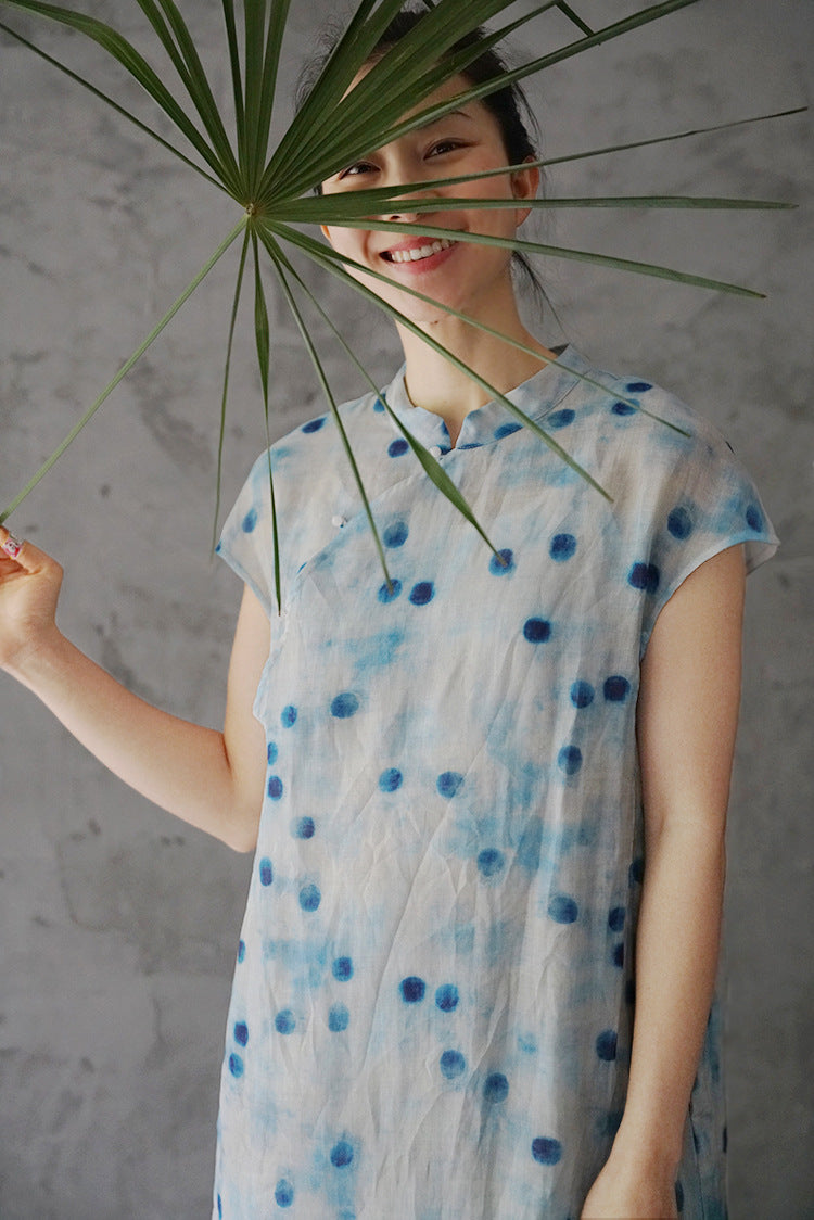 Blue Dot Print Cheongsam Dress