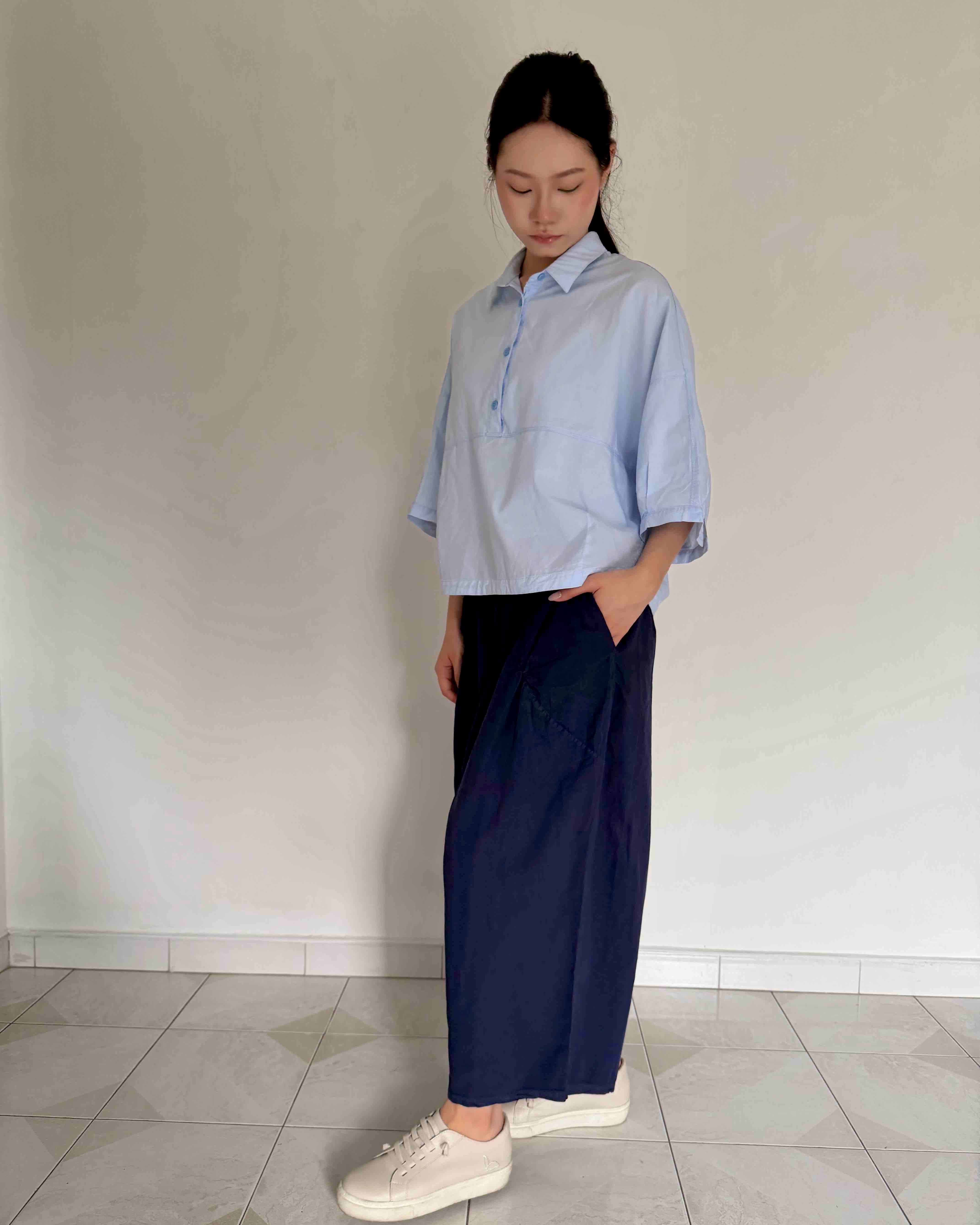 Cotton Oversized Shirt Top in Blue