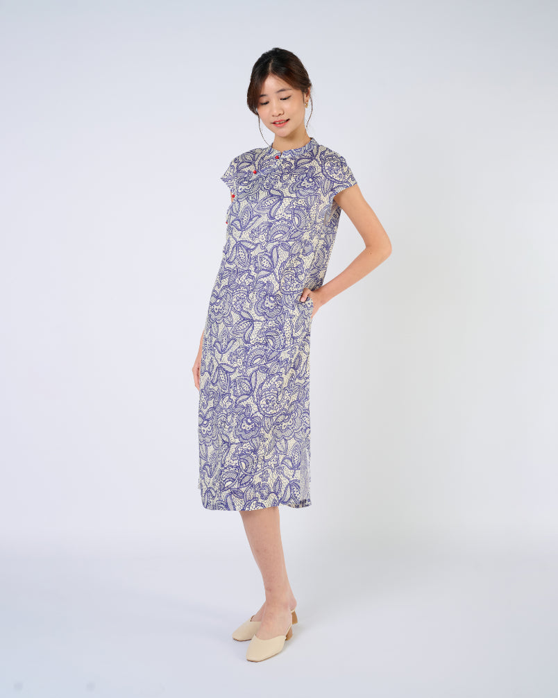 Cap Sleeve Cheongsam Dress in Purple Lace