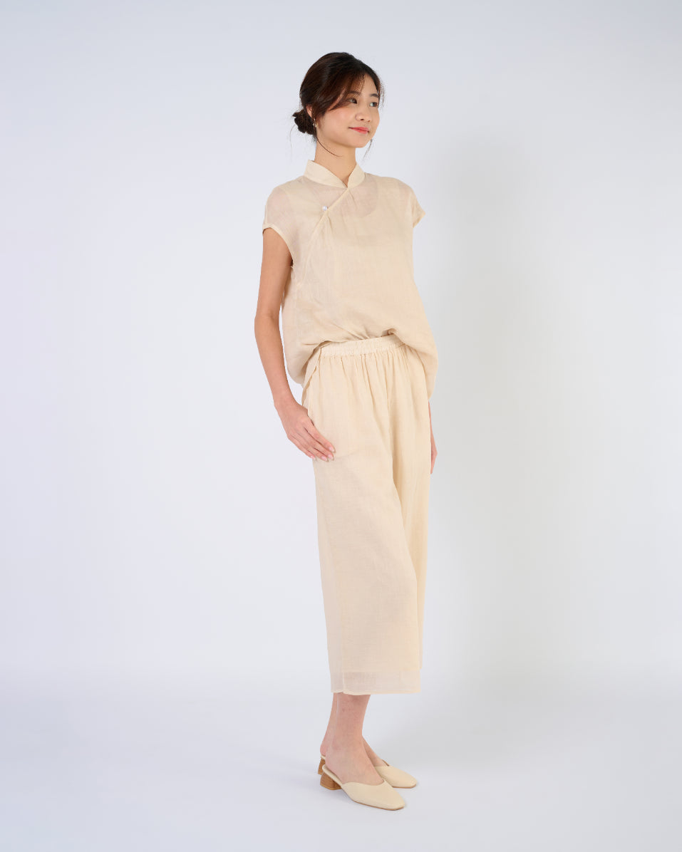 Cap Sleeve Ramie Cheongsam Top in Beige