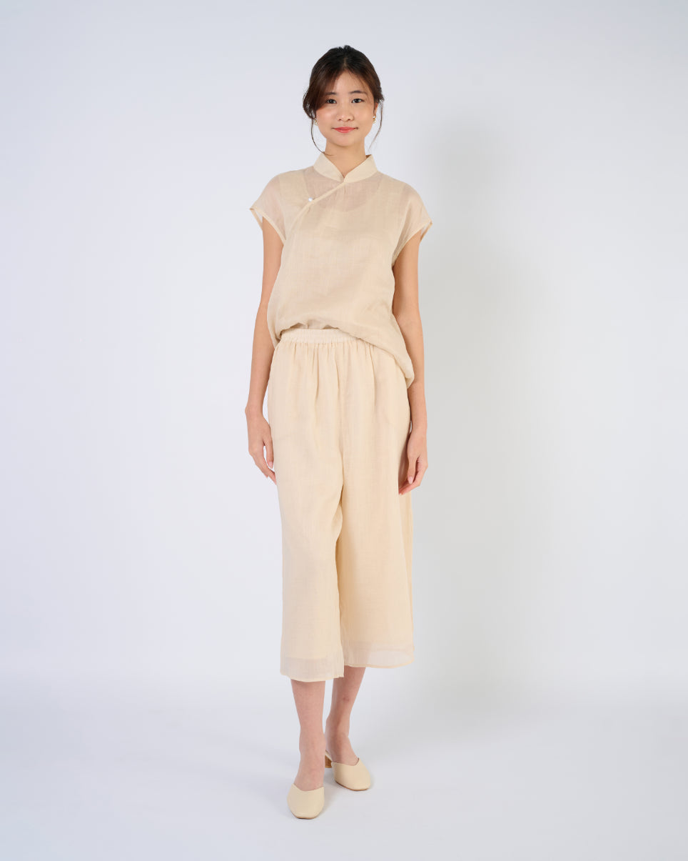 Cap Sleeve Ramie Cheongsam Top in Beige