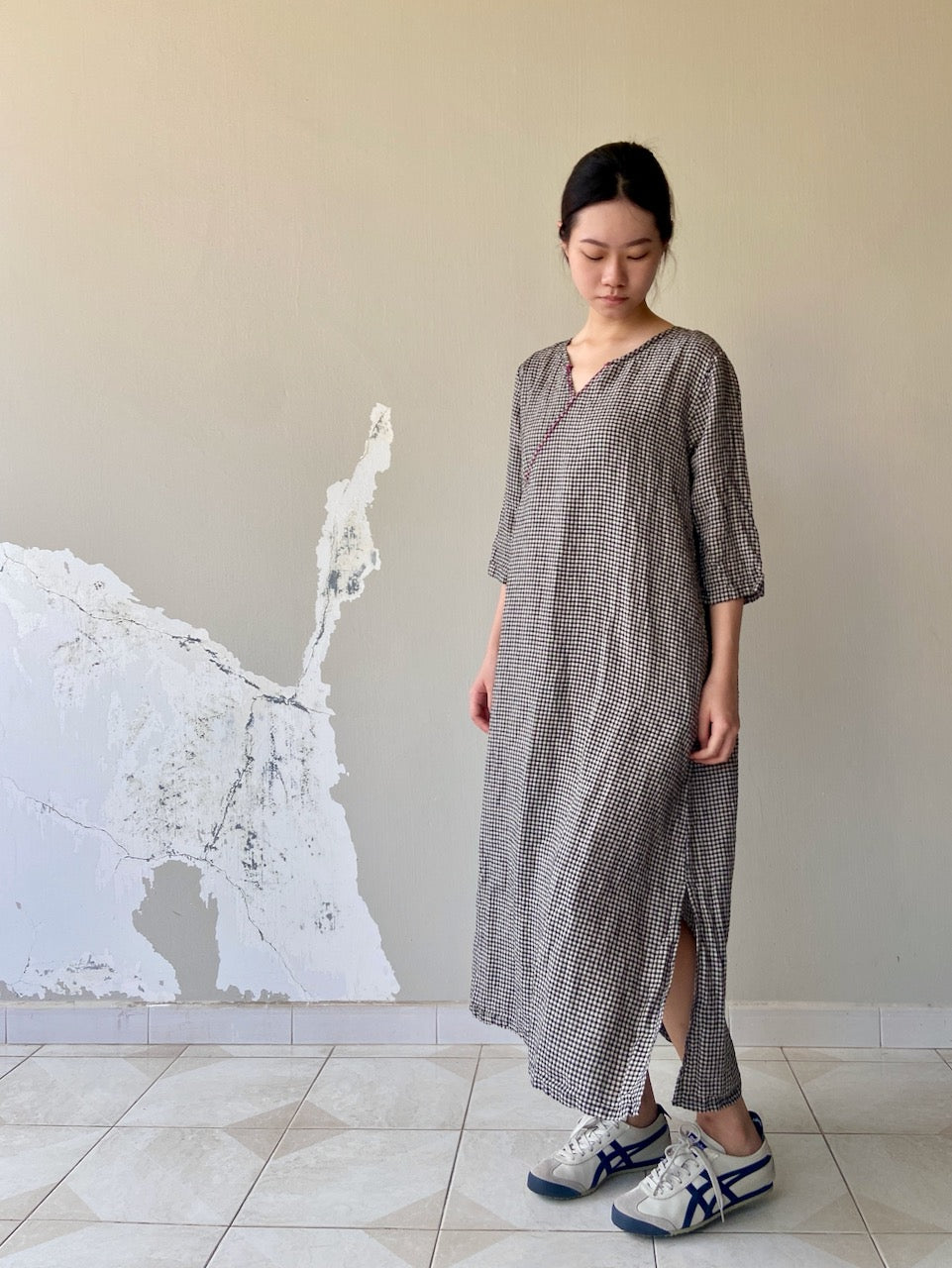 Checked Cheongsam Qipao Linen Dress