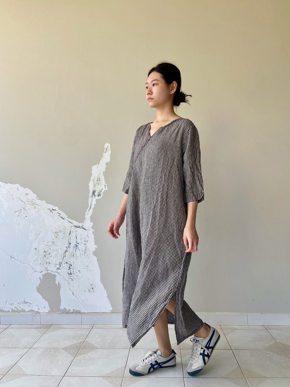 Checked Cheongsam Qipao Linen Dress