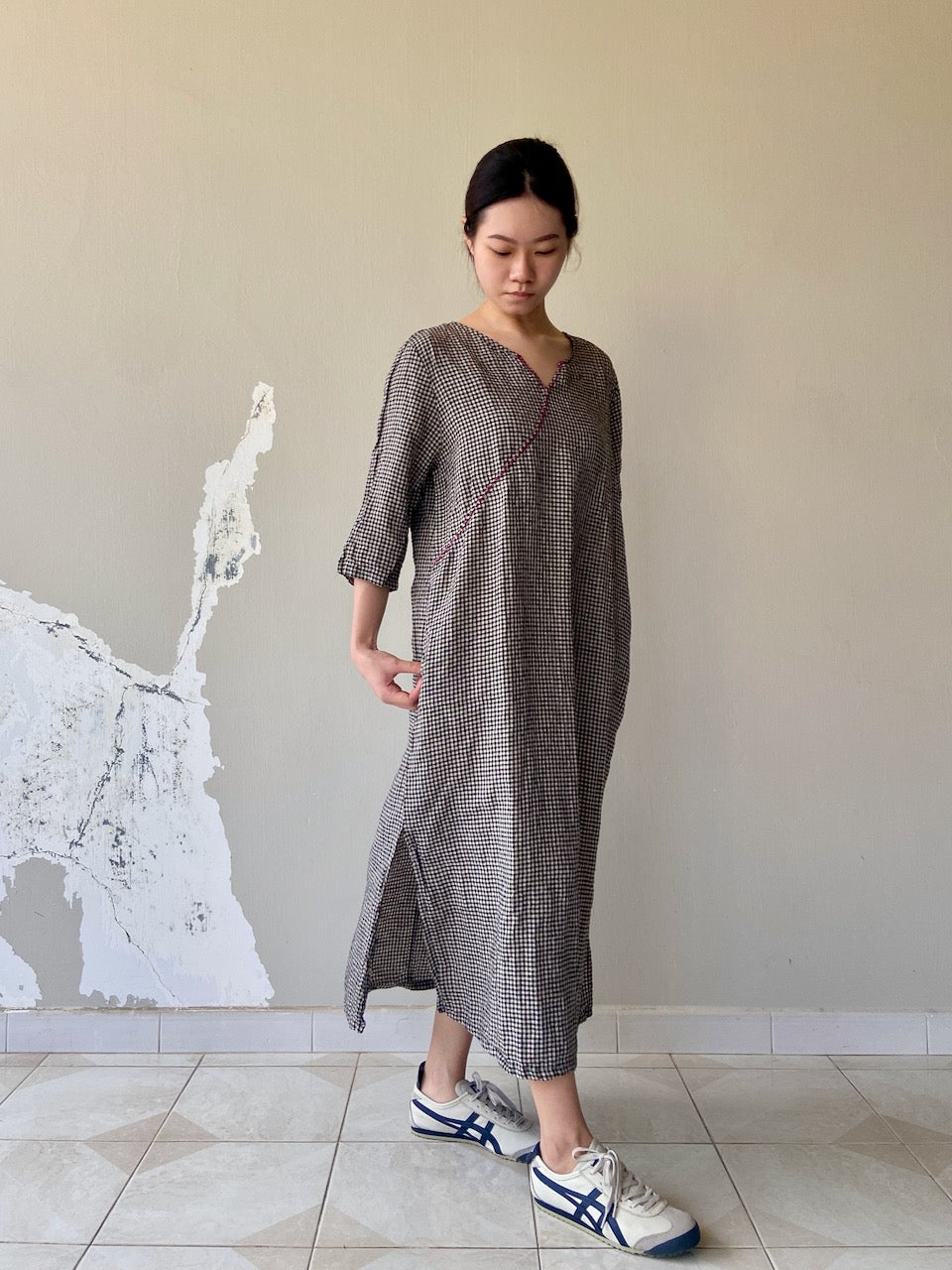 Checked Cheongsam Qipao Linen Dress