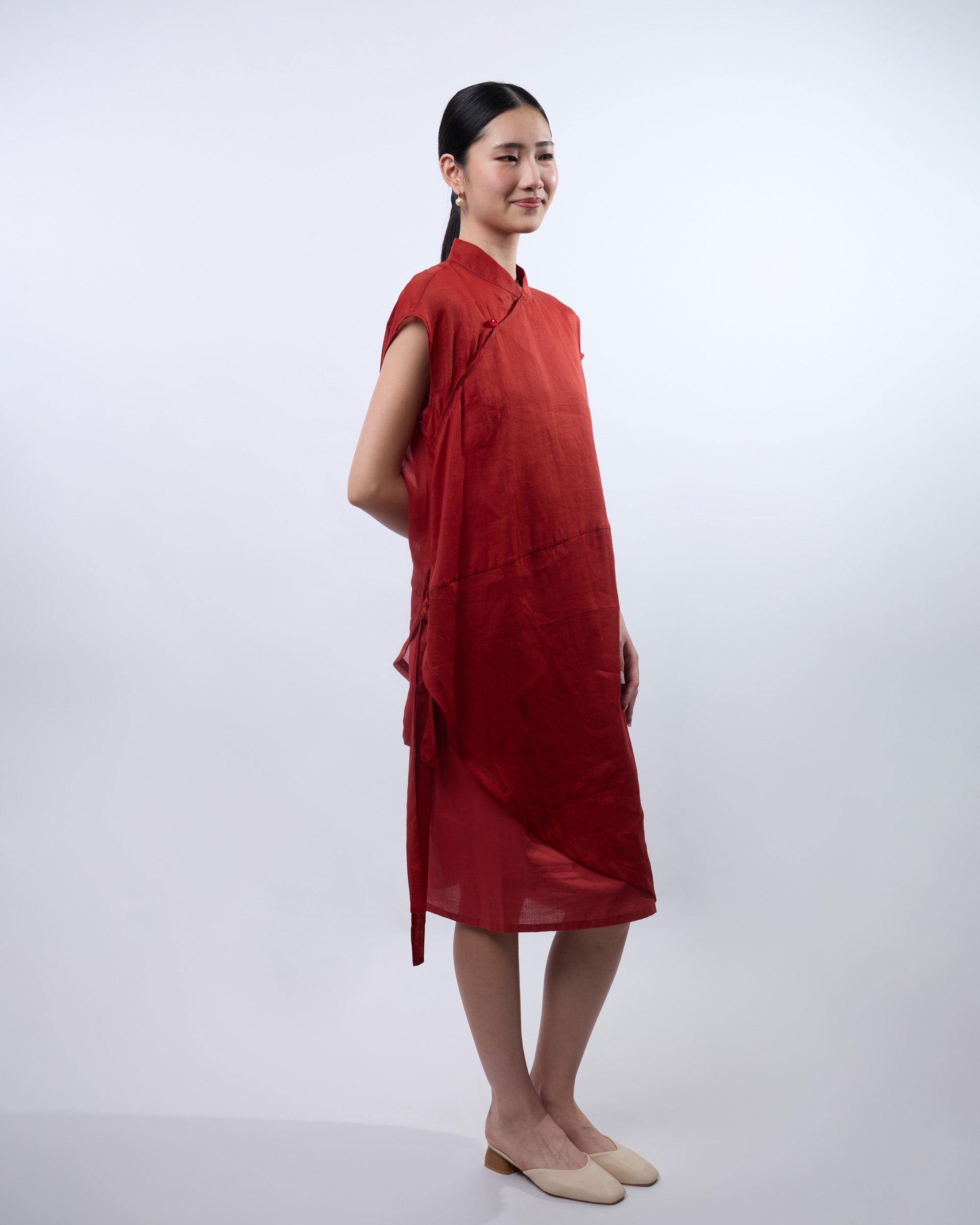 Cheongsam Cocoon Dress in Brick Red