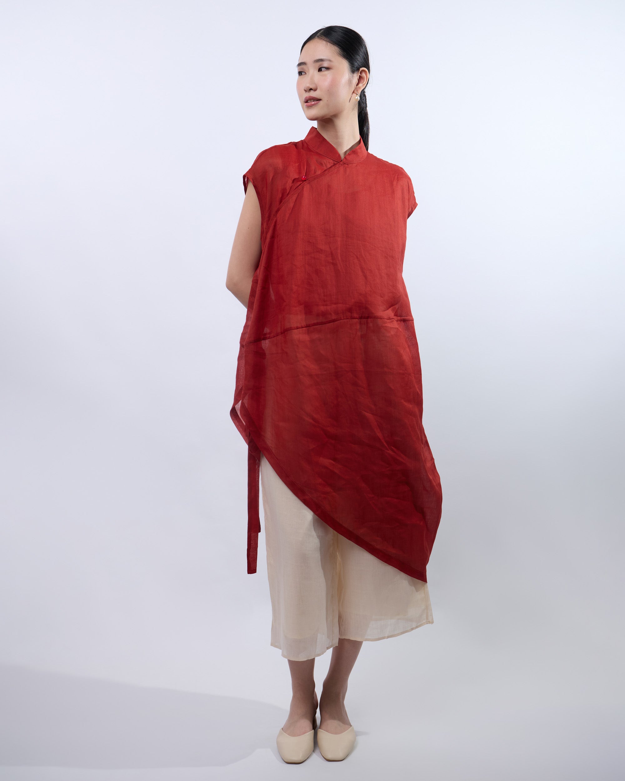 Cheongsam Cocoon Dress in Brick Red