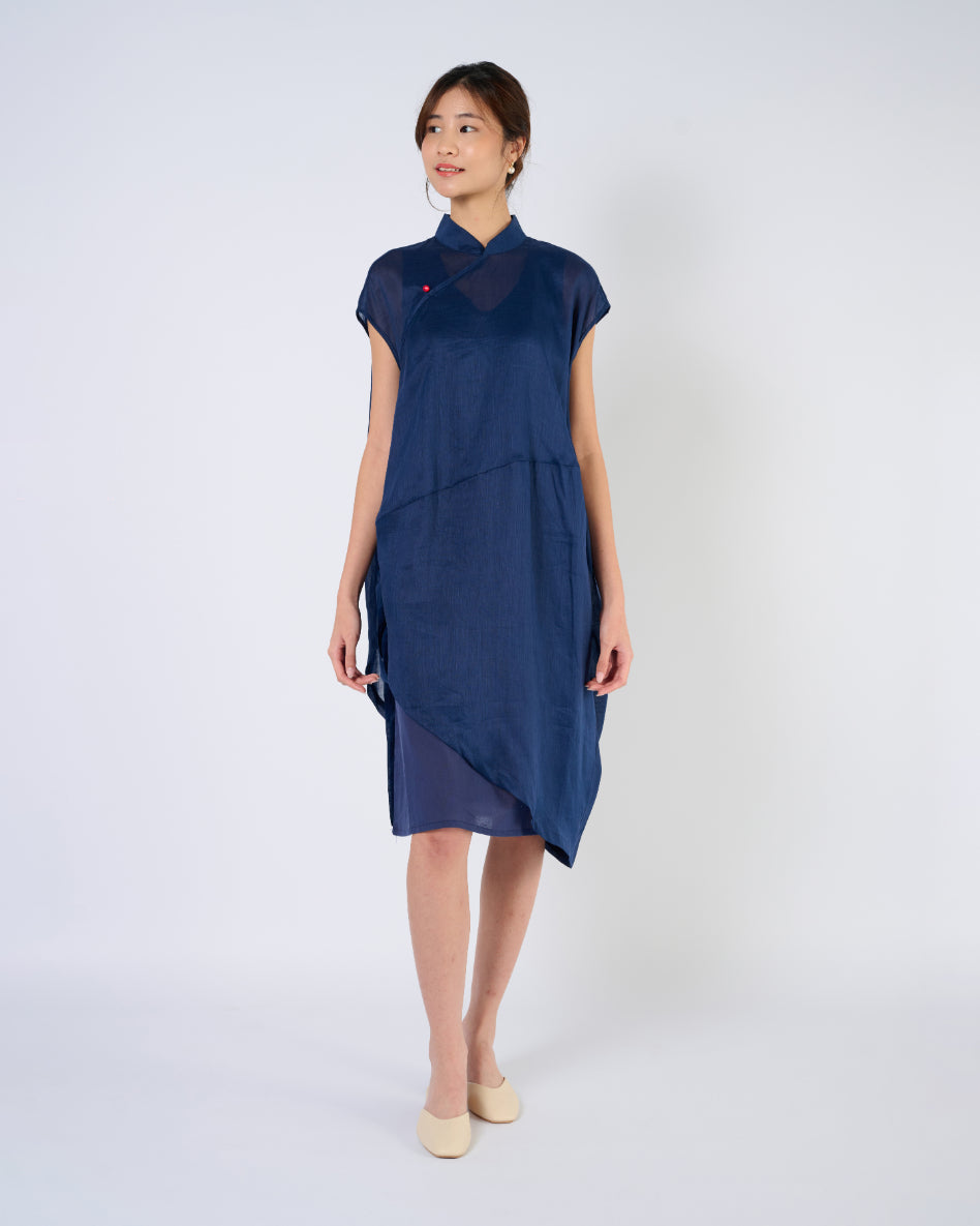 Cheongsam Cocoon Dress in Dark Blue