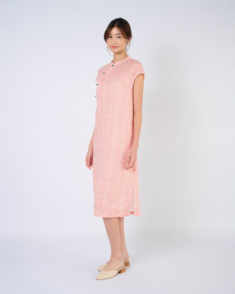 Cap Sleeve Linen Cheongsam Dress in Auspicious Cloud