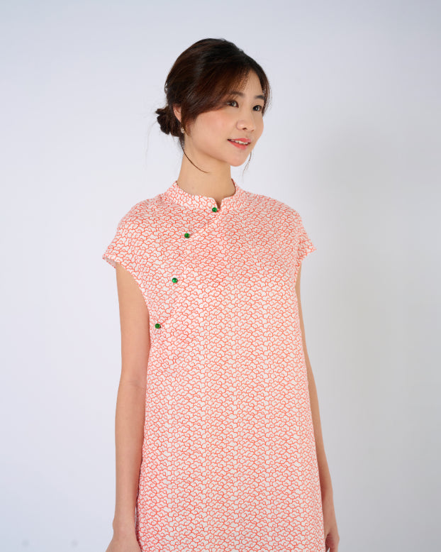 Cap Sleeve Linen Cheongsam Dress in Auspicious Cloud