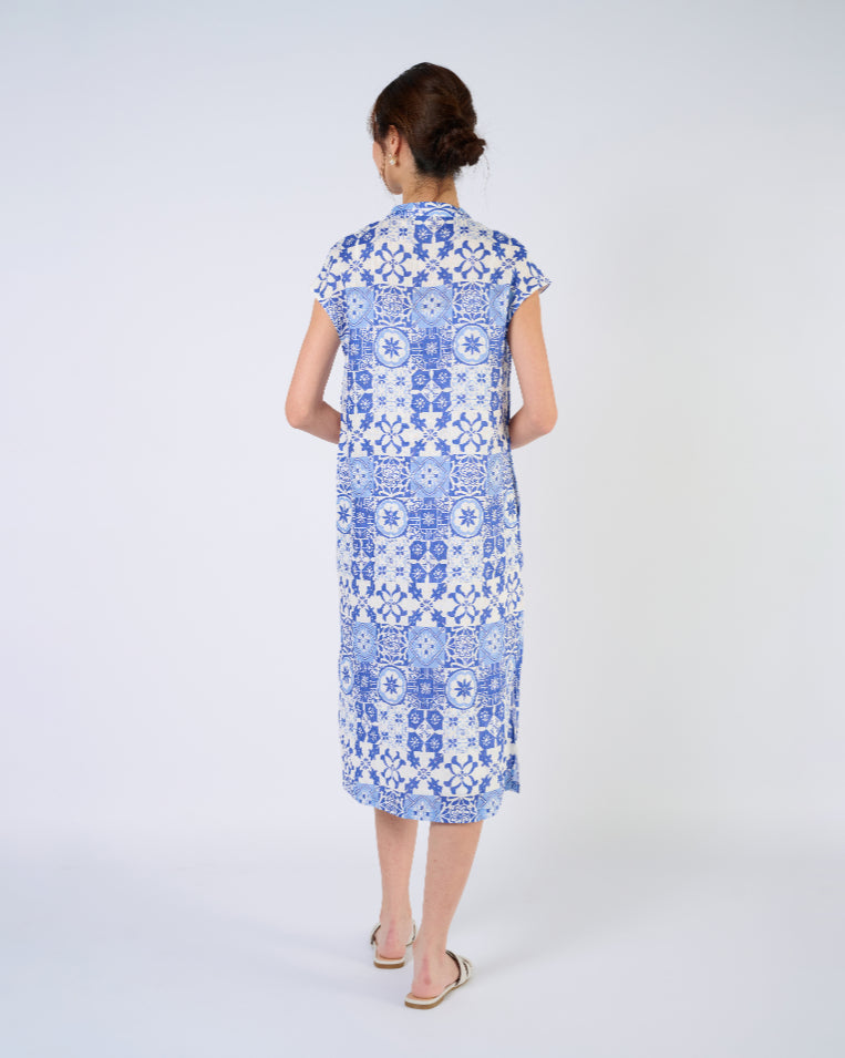 Cap Sleeve Linen Cheongsam Dress in Blue Tiles