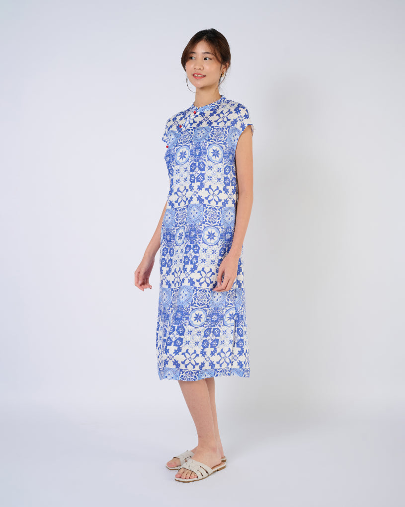 Cap Sleeve Linen Cheongsam Dress in Blue Tiles