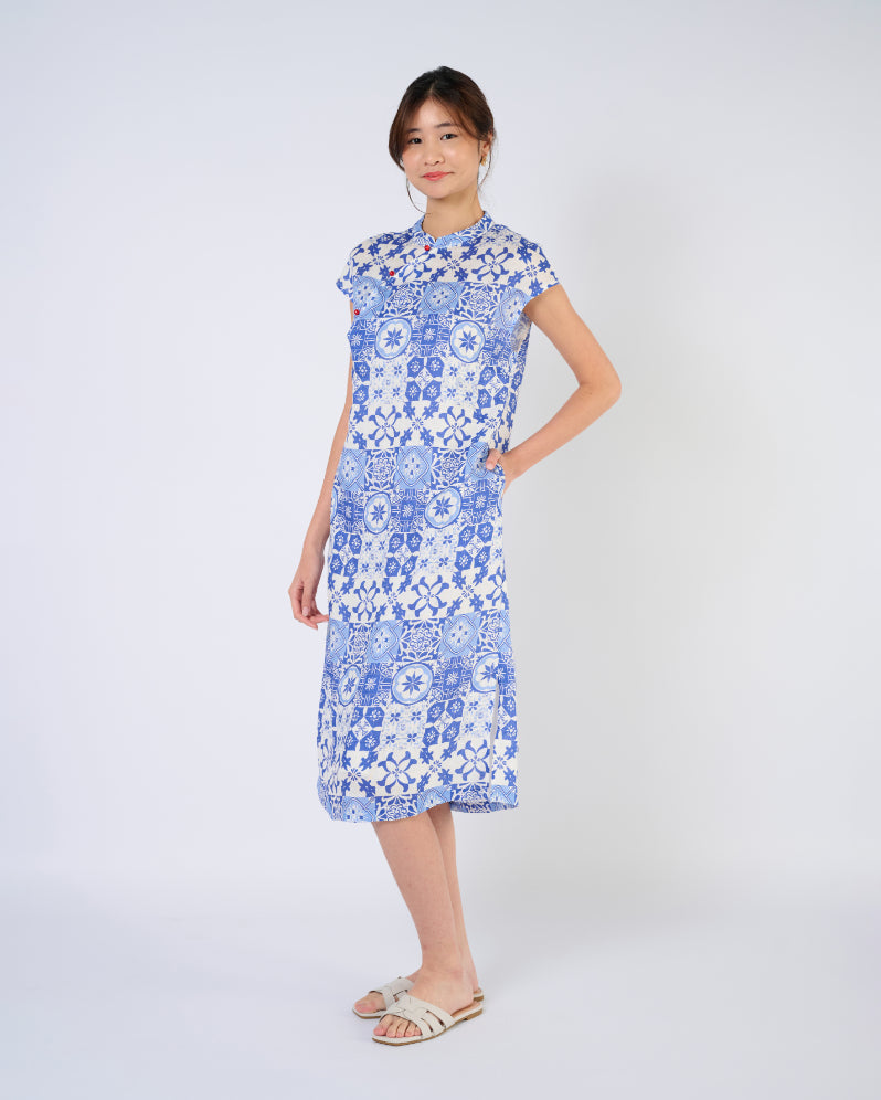 Cap Sleeve Linen Cheongsam Dress in Blue Tiles