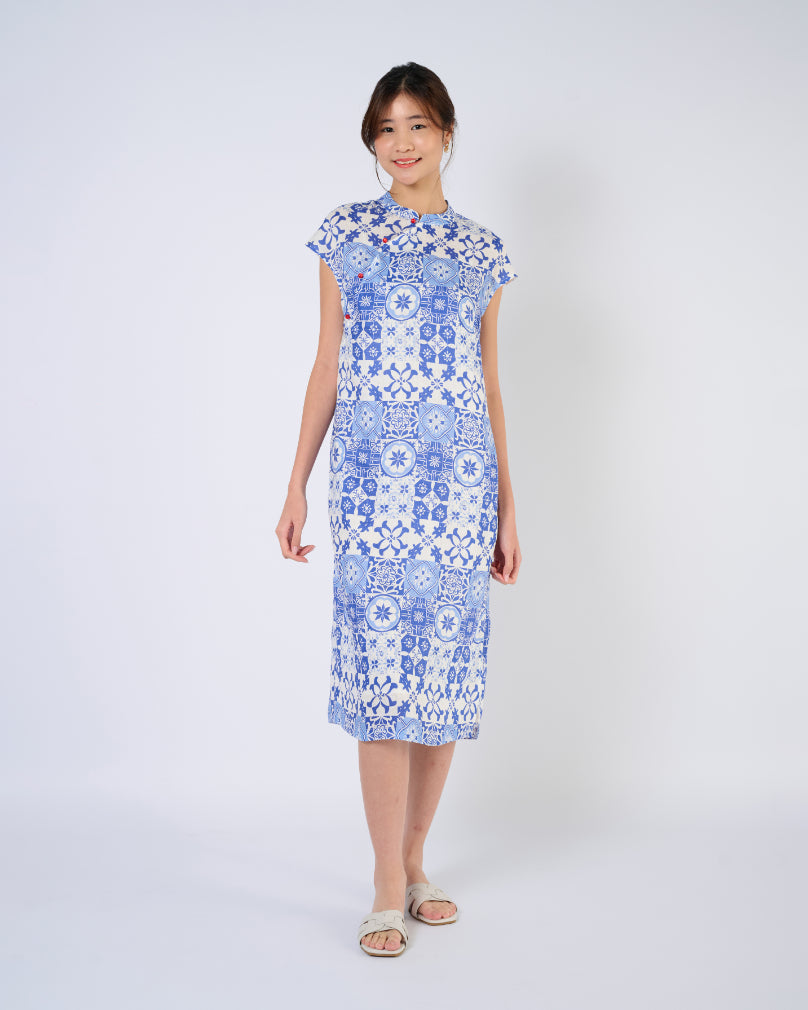 Cap Sleeve Linen Cheongsam Dress in Blue Tiles