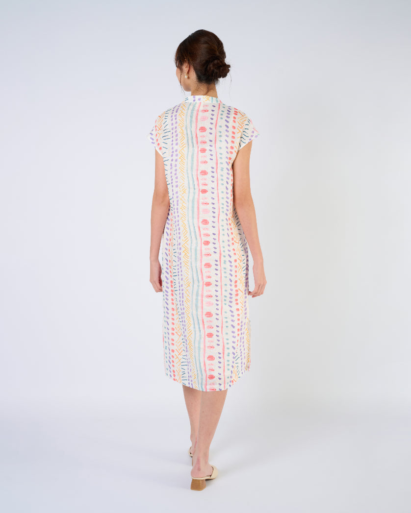 Cap Sleeve Linen Cheongsam Dress in Multi Colour