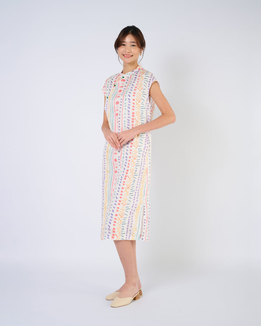 Cap Sleeve Linen Cheongsam Dress in Multi Colour