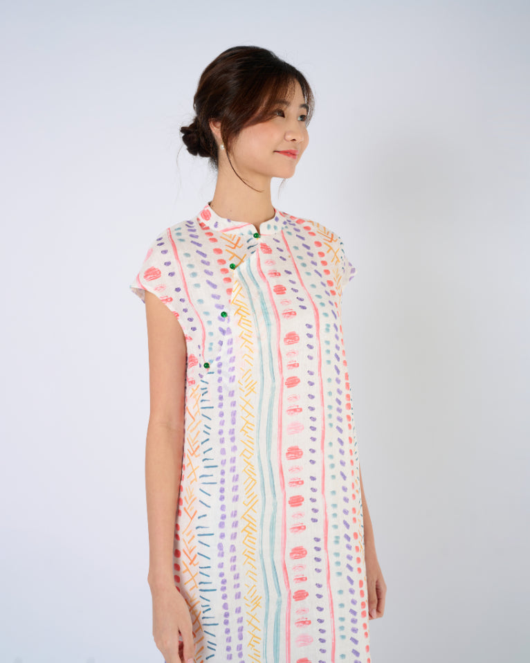 Cap Sleeve Linen Cheongsam Dress in Multi Colour