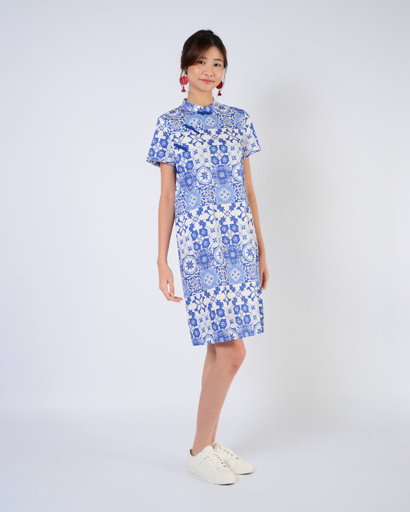 Cheongsam Midi Dress in Blue Tiles