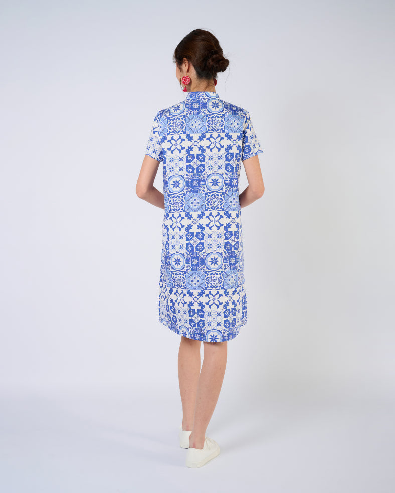 Cheongsam Midi Dress in Blue Tiles