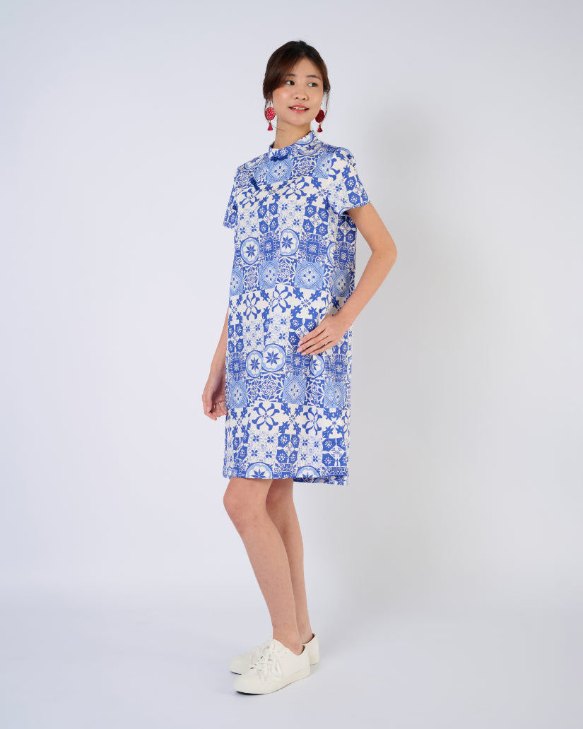 Cheongsam Midi Dress in Blue Tiles