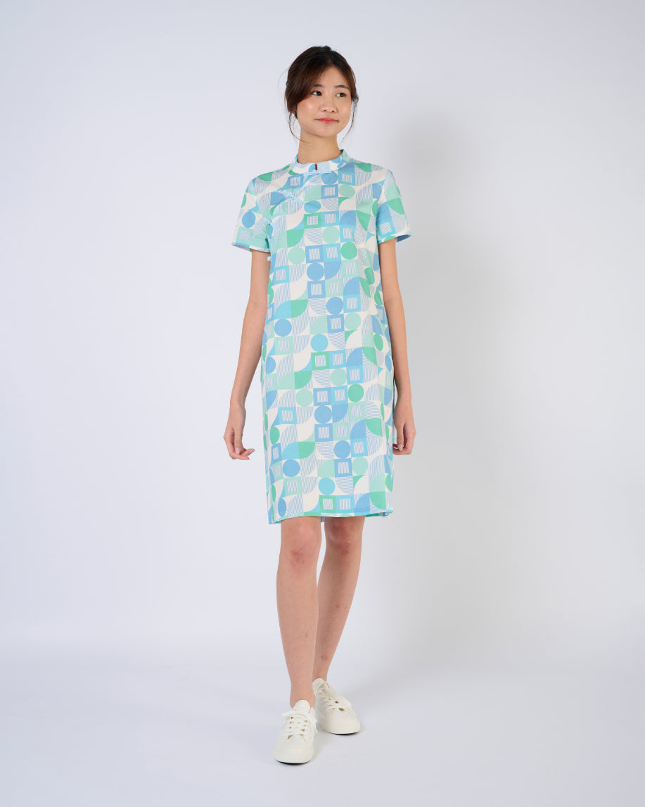 Cheongsam Midi Dress in Green Geometric