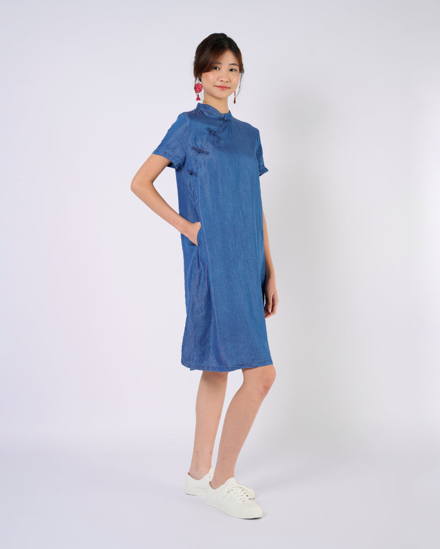 Cheongsam Midi Dress in Indigo Blue Jeans