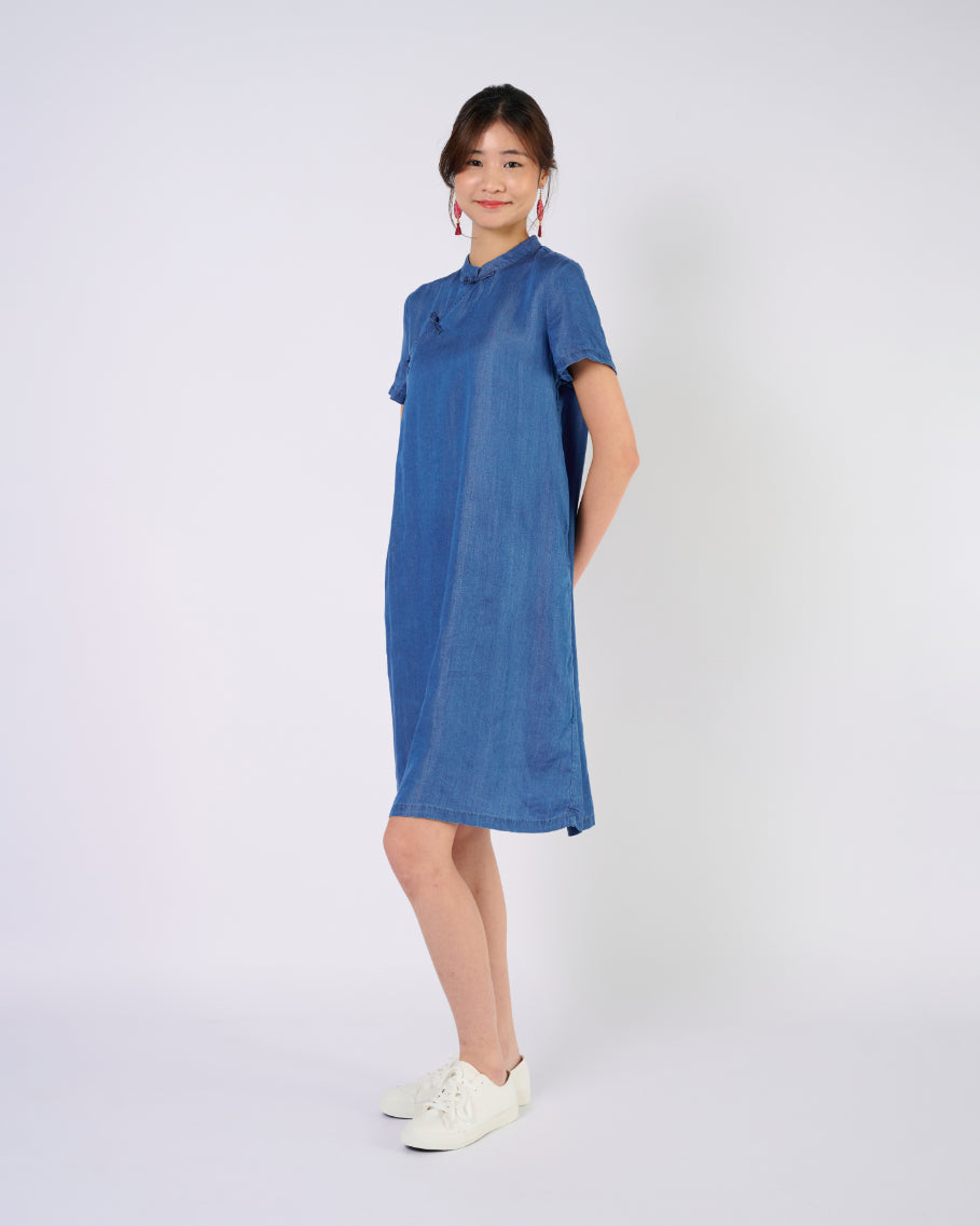 Cheongsam Midi Dress in Indigo Blue Jeans