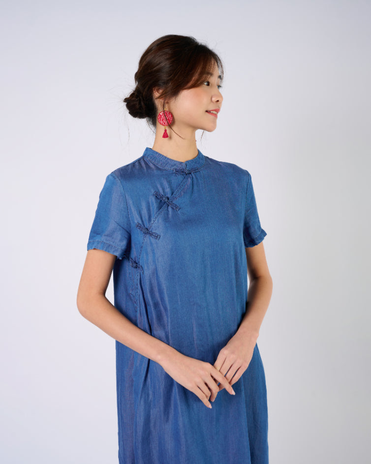 Cheongsam Midi Dress in Indigo Blue Jeans