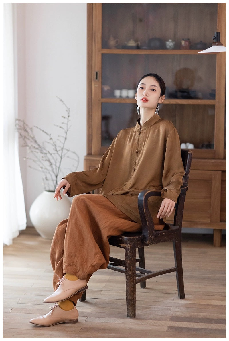 Chinese Button Cheongsam Top in Brown