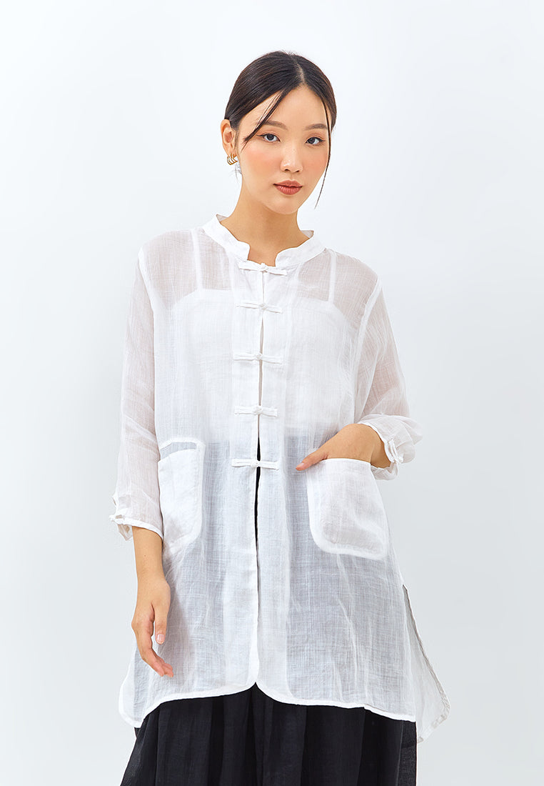 Chinese Button Long Top in White