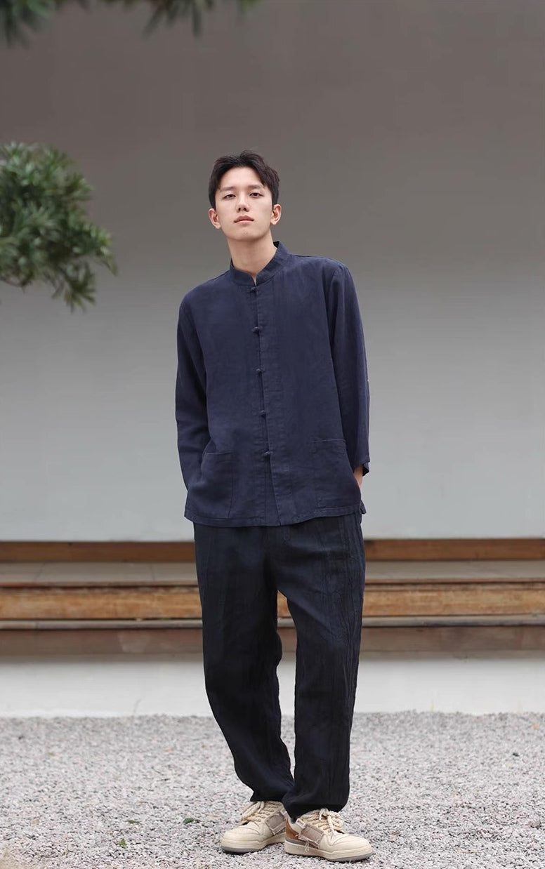 Chinese Button Coat in Deep Blue