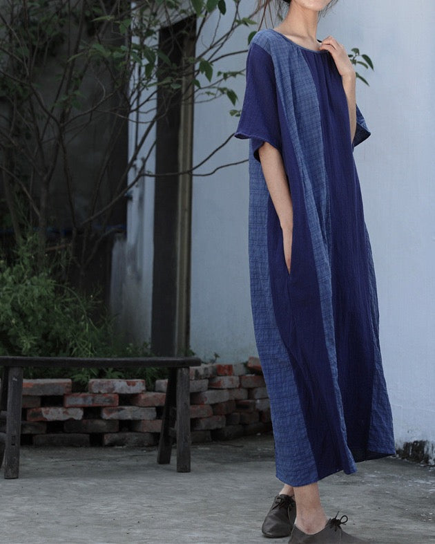 Cotton Linen Long Dress in Blue