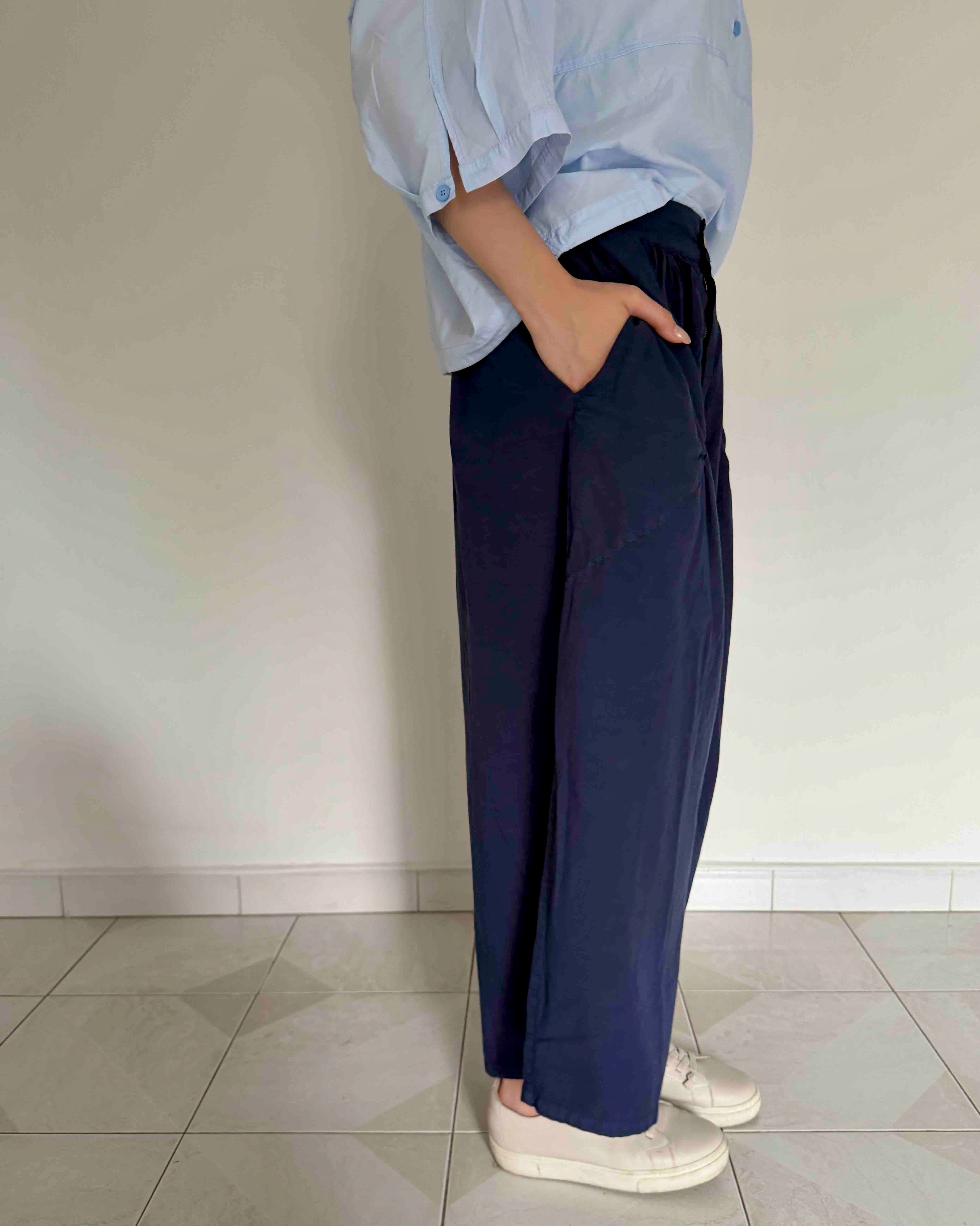 Cotton Wide-leg Pants in Navy Blue
