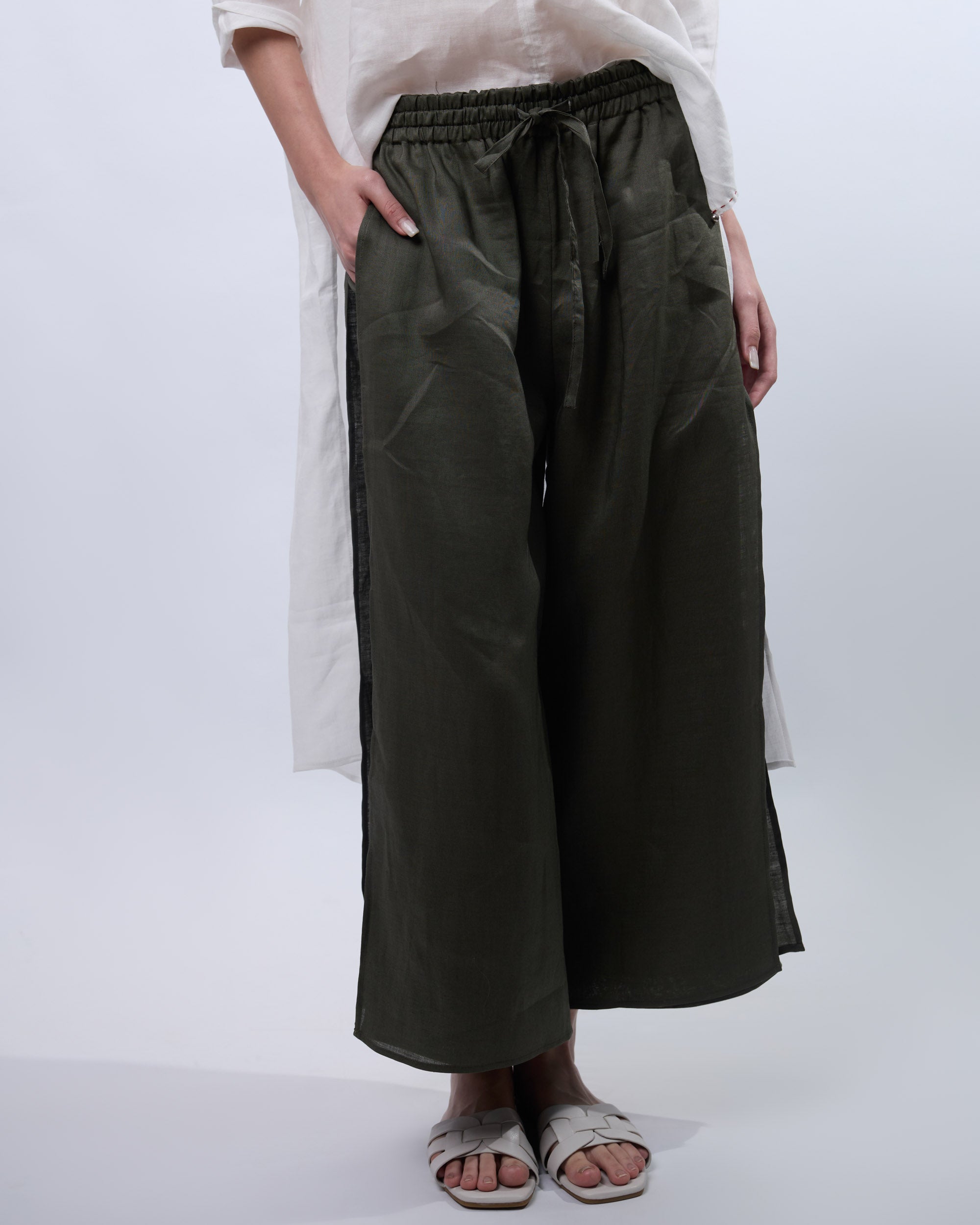 Double Layered Linen Pants in Olive Grey