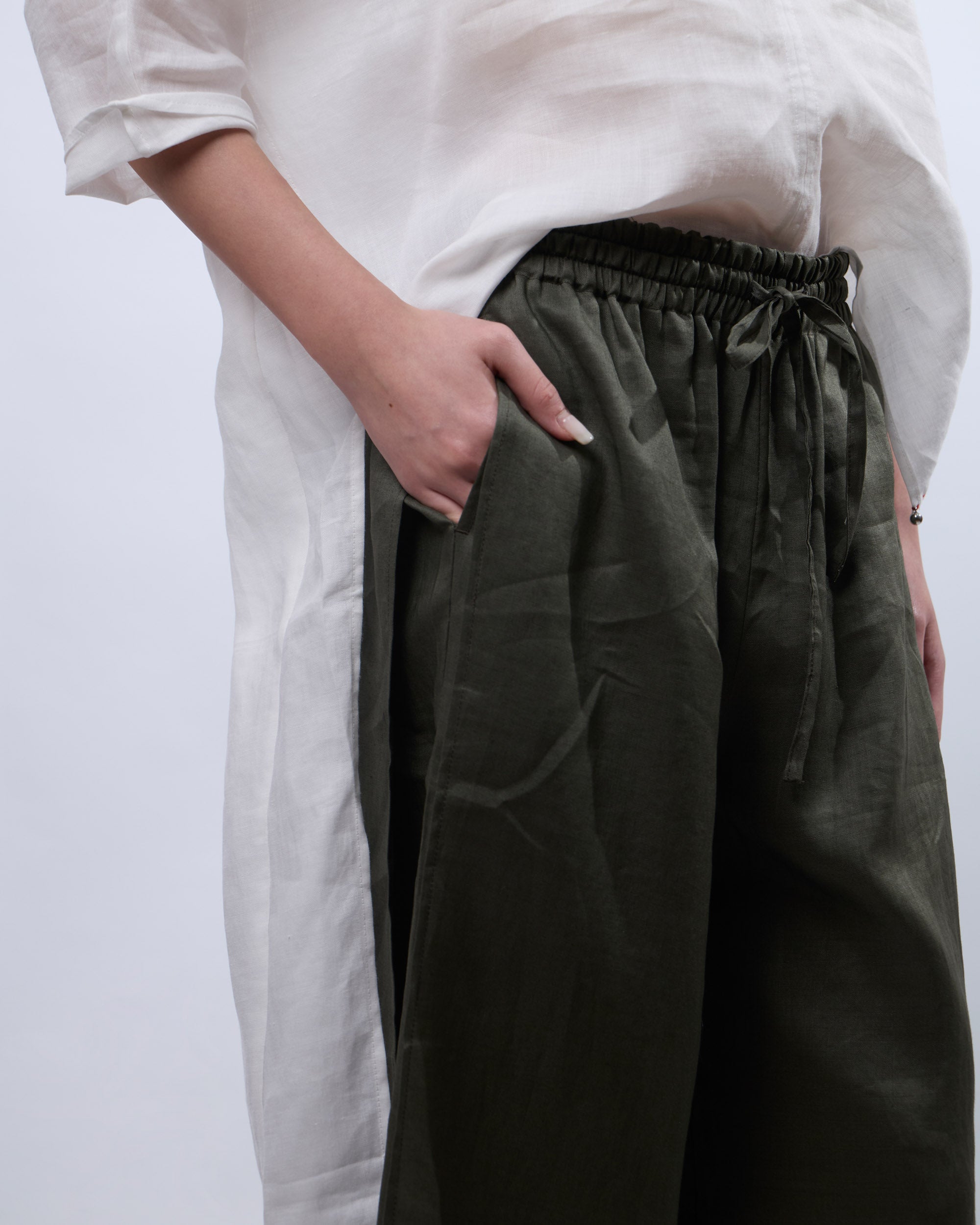 Double Layered Linen Pants in Olive Grey