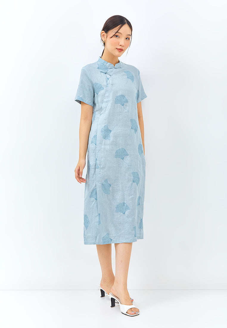 Embroidered Linen Cheongsam Dress in Light Blue