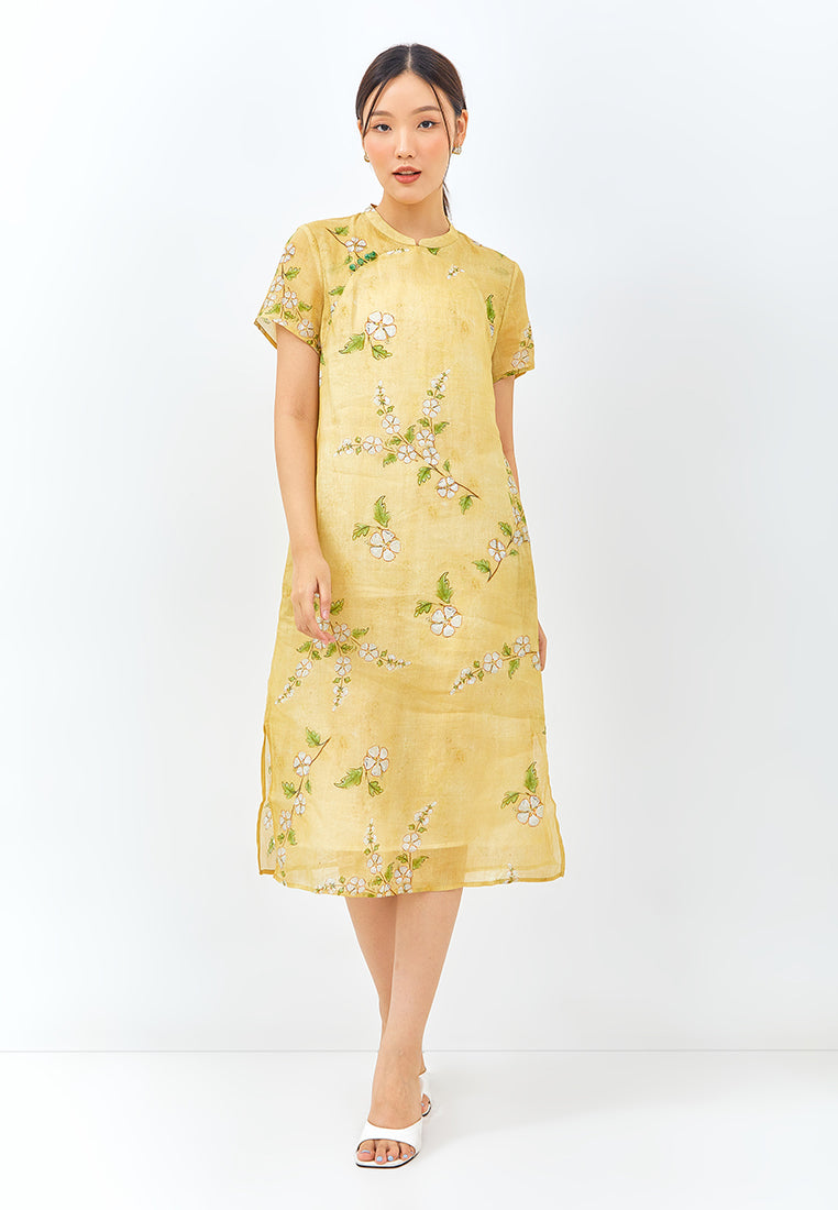 Floral Cheongsam Dress in Mustard Yellow