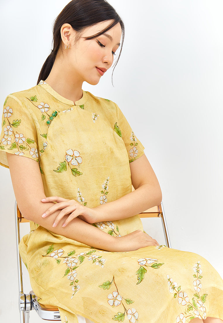 Floral Cheongsam Dress in Mustard Yellow