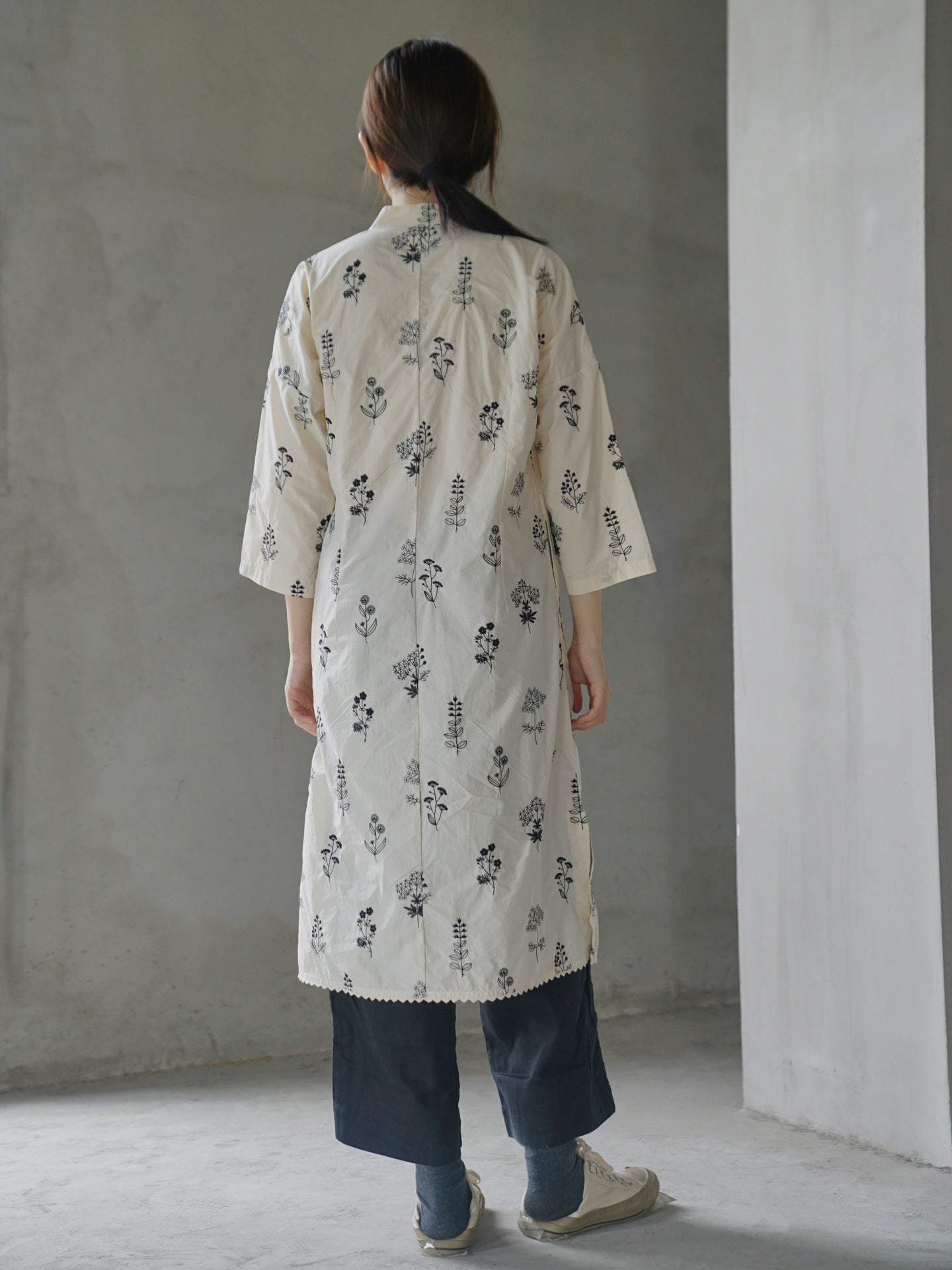Floral Embroidered Cheongsam Dress in Off White