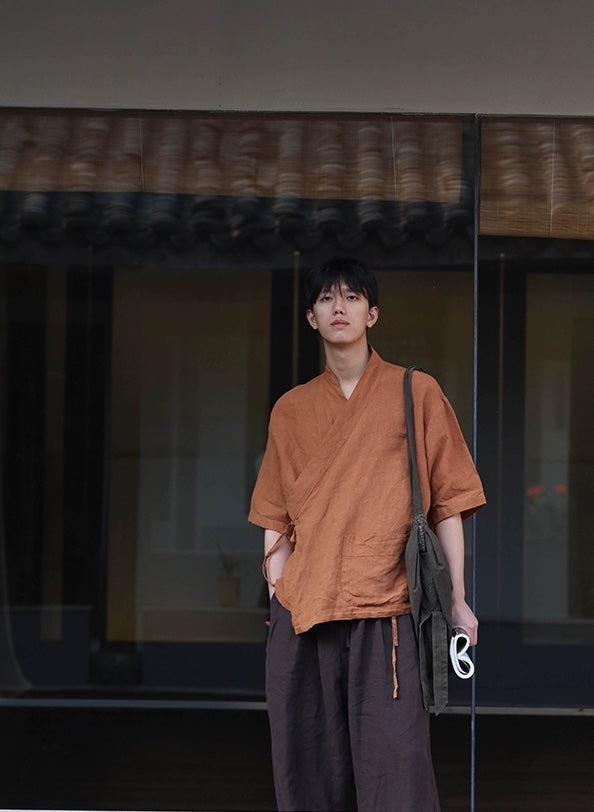 Hanfu Style Linen Top in Dark Orange