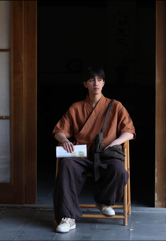 Hanfu Style Linen Top in Dark Orange