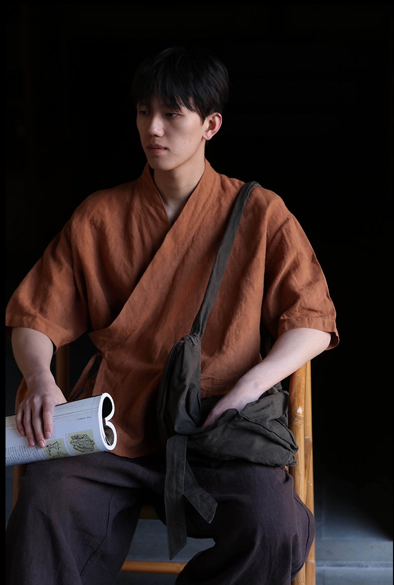 Hanfu Style Linen Top in Dark Orange