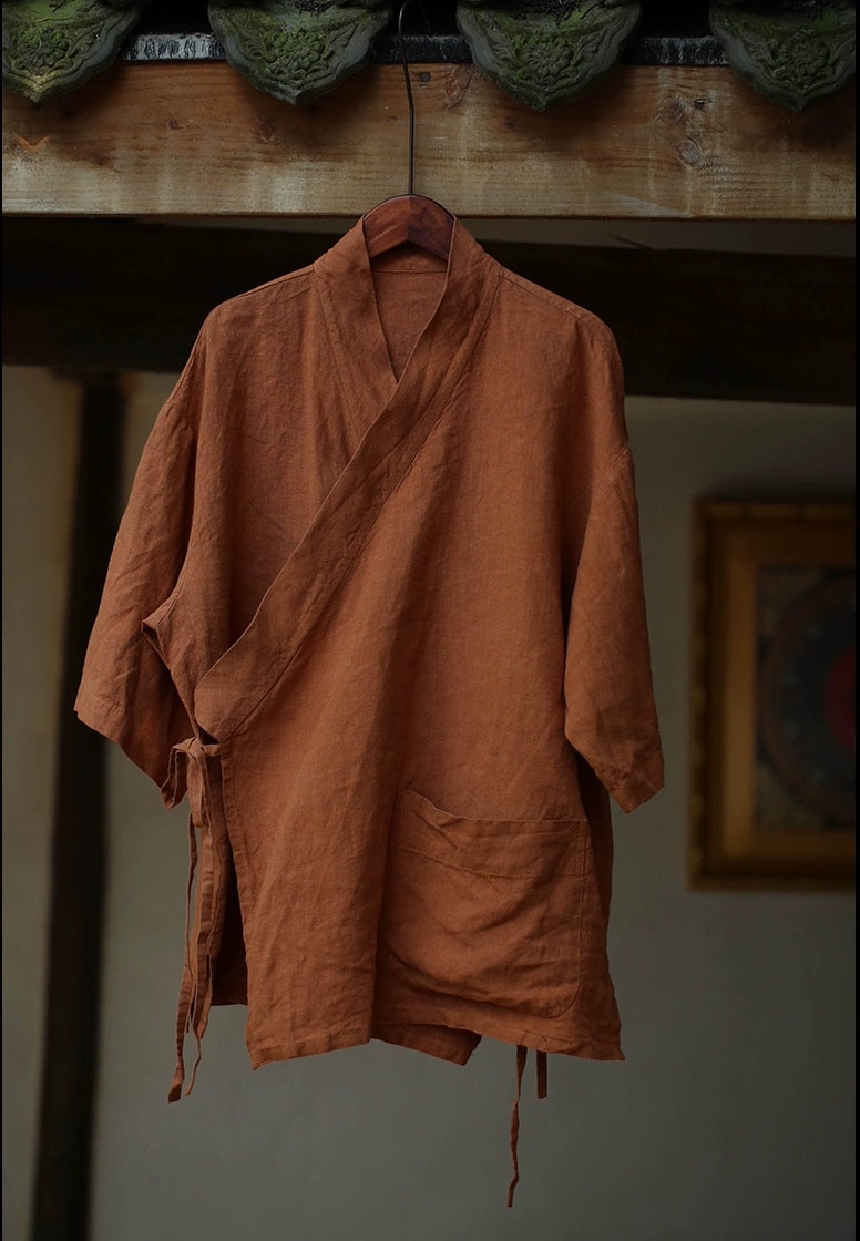 Hanfu Style Linen Top in Dark Orange