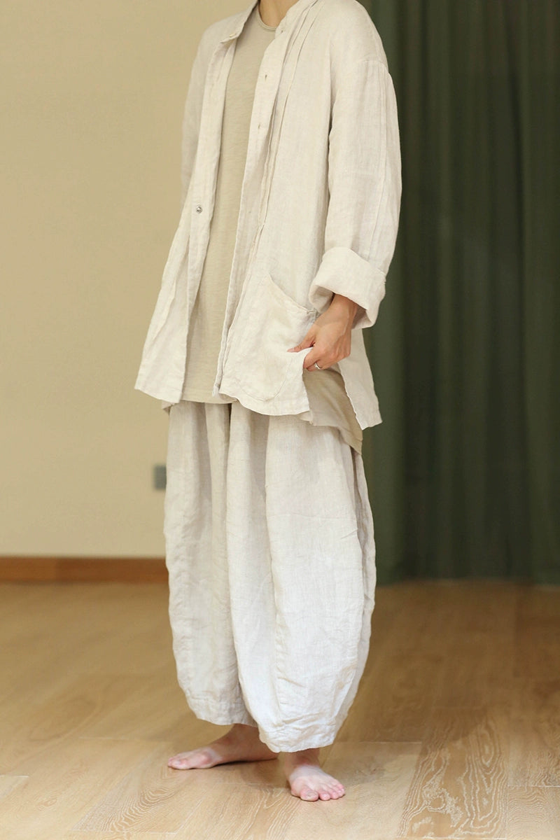 Washed Linen Long Sleeve Button Top in Beige