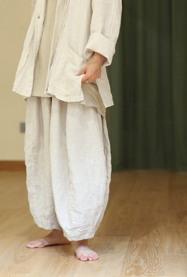 Washed Linen Harem Pants in Beige